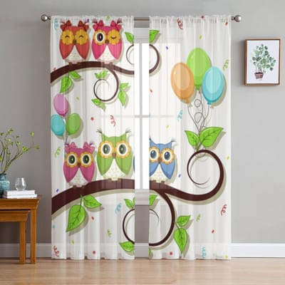 Schattige Cartoon Uil Tak Ballon Transparante Gordijnen Voor Woonkamer Slaapkamer Tule Gordijnen Keuken Raambekleding Paneel Draperieën 135W x 114H(cm) white