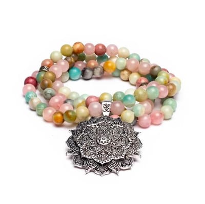 Halsketting - Mala Rozenkwarts Amazoniet Rhodoniet 108 kralen met Lotus