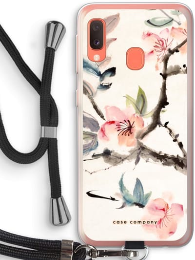 Case Company® - Hoesje met koord geschikt voor Samsung Galaxy A20e hoesje met Koord - Japanse bloemen - Telefoonhoesje met Zwart Koord - Bescherming aan alle Kanten en Over de Schermrand