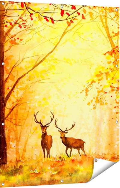 Gards Tuinposter Getekende Herten in het Bos - Herfst - 90x120 cm - Tuindoek - Tuindecoratie - Wanddecoratie buiten - Tuinschilderij