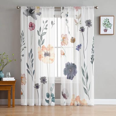 Aquarel Bloem Plant Bladeren Transparant Raamgordijn Tule Gordijnen voor Woonkamer Slaapkamer Hotel Huisdecoratie Voile Draperieën 135W x 114H(cm) white