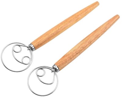 Set van 2 deegroerders met houten handvat en roestvrijstalen draadkop, professionele broodbak mengstaaf voor zuurdesem en tarwedeeg