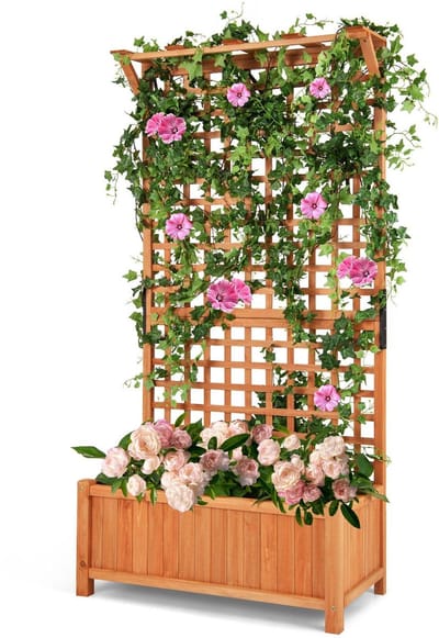 Plantenbak met klimrek - Bloembak - Weerbestendig - Met trellis - Buiten - Hout - Plantenrek - Natuurlijk