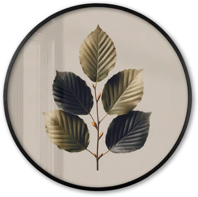 Poster in lijst Rond - Fotolijst 60x60 cm - Posters - Beukenbladeren - Bruin - Groen - neutraal - Ronde posterlijst zwart - Decoratie - Wanddecoratie woonkamer - Muurdecoratie slaapkamer