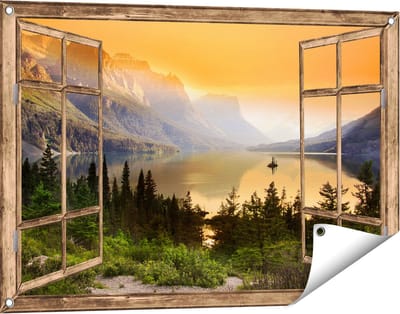 Gards Tuinposter Doorkijk Bergen met een Meer in Nationaal Park Glacier - 90x60 cm - Tuindoek - Tuindecoratie - Wanddecoratie buiten - Tuinschilderij