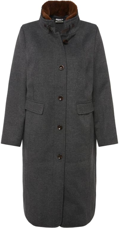Ulla Popken - Dames - Traditionele mantel opstaande kraag geweven bont - Taupe - Maat 46+