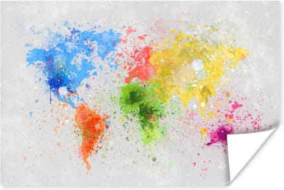 Wereldkaart - Abstract - Verf - Kinderen - Jongens - Meisjes - 30x20 cm - Poster - Poster Kinderkamer