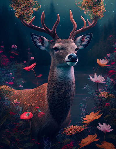 AI - Woondecoratie - Poster - Dieren - Hert - Bloemen en jungle - 51- 60 x 80 cm