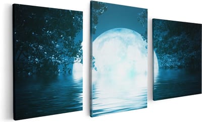 Artaza Canvas Schilderij Drieluik Volle Maan in het Water - 120x60 - Foto Op Canvas - Canvas Print