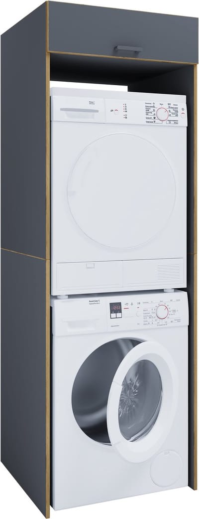 VCM Waschmaschinen-Trocknerschrank, Überbauschrank für 2 Geräte mit Klappe und Zusatzfach – Maße Waschmaschinenregal: H. 200 x B. 67 x T. 68 cm, Rislo XXL