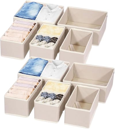 Famanu – Opvouwbare lade-organizers voor kledingkast, set van 12, stoffen opbergbakken voor sokken, beha’s, slips en accessoires, crème
