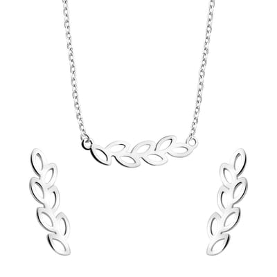 Zilveren Dames Minimalistisch Set Oorbellen en Ketting - Dames Oorstekers Set met Ketting Bladeren - Ketting Set met Oorbellen - Oorstekers Set met Ketting Zilver - Amona Jewelry