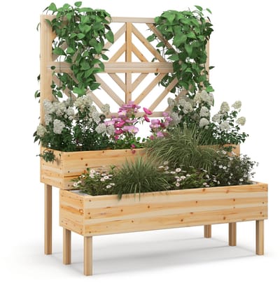 COSTWAY Bloembak met spalier van dennenhout, tuinspalier met 2 rankkasten, plantenbak voor klimplanten, verhoogd bloembed met rankrooster en drainagegat, bloempot voor tuin, binnenplaats, balkon,