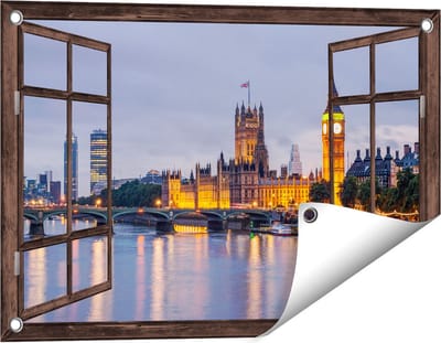 Gards Tuinposter Doorkijk London Big Ben en Westminster Brug - 60x40 cm - Tuindoek - Tuindecoratie - Wanddecoratie buiten - Tuinschilderij