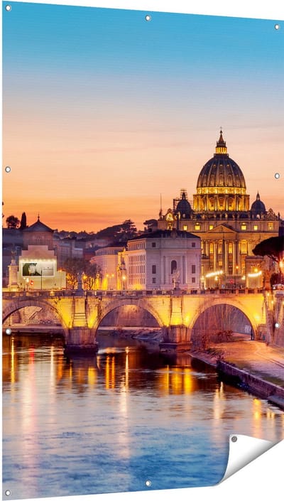 Gards Tuinposter Engelenbrug in Rome bij Zonsondergang - 100x150 cm - Tuindoek - Tuindecoratie - Wanddecoratie buiten - Tuinschilderij