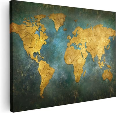 Artaza Canvas Schilderij Wereldkaart Goud - 40x30 cm - Klein - Muurdecoratie Japandi - Wanddecoratie Woonkamer - Kamer Accessoires