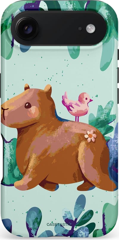 Casetastic hoesje geschikt voor Apple iPhone Air - MagSafe - Dubbellaagse bescherming - Capibara Vogeltjes Vriend - Fashion Case - Lichtgrijs Petrol Mintgroen Bruin