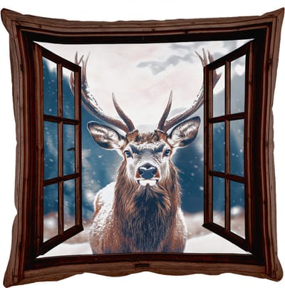 Sierkussens - Kussentjes Woonkamer - 50x50 cm - Doorkijk - Hert - Dieren - Landschap - Winter - Sneeuw - Landelijk