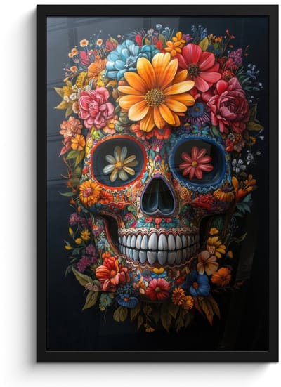 Poster in lijst - Fotolijst 40x60 cm - Posters - Bloemen - Kleurrijk - Schedel - Posterlijst zwart - Decoratie - Wanddecoratie woonkamer - Muurdecoratie slaapkamer