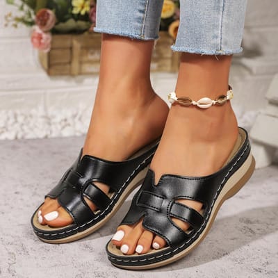 Summer Women Wedge Sandals Premium Orthopedic Open Toe Sandals Vintage Anti-sliding Leather Casual Women Platform Retro Shoes 43 noir