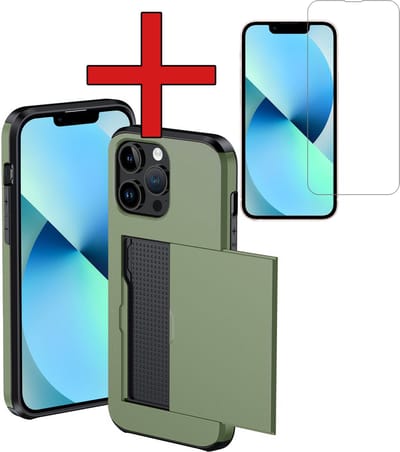 Hoesje Geschikt voor iPhone 14 Pro Hoesje Met Pasjeshouder Hard Case Met Kaarthouder Met Screenprotector - Hoes Geschikt voor iPhone 14 Pro Hoesje Pashouder Case - Donkergroen