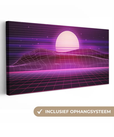 Canvas schilderij 40x20 cm - Wanddecoratie Gaming - Neon - Retro - Paars - Zon - Gamen - Muurdecoratie game room - Gaming kamer decoratie - Gameroom accessoires - Schilderijen