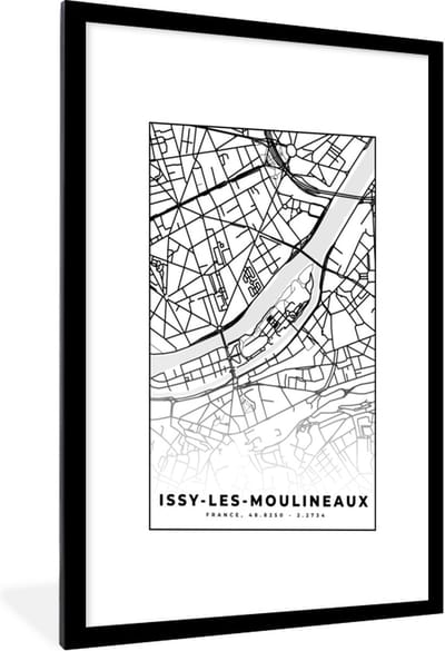 Fotolijst incl. Poster Zwart Wit- Kaart - Stadskaart - Frankrijk - Plattegrond - Issy-les-Moulineaux - Zwart wit - 60x90 cm - Posterlijst