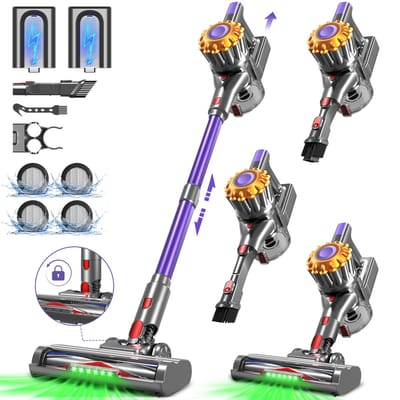 Fukstern Steelstofzuiger Draadloos – 50 kPa Sterke Zuigkracht – Tot 60 Min Accuduur – Anti-haarwikkel Vloerborstel – Inclusief 4 HEPA-filters – 1,6L Stofreservoir – Groene LED Stofdetectieverlichting – Paars