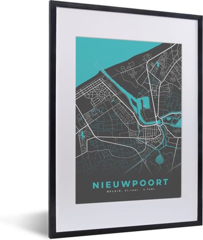 Fotolijst incl. Poster - België – Nieuwpoort – Stadskaart – Kaart – Blauw – Plattegrond - 30x40 cm - Posterlijst