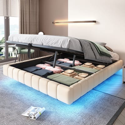 DESMIU Zwevend Gestoffeerd Bed 160x200cm Zonder Matras - Opbergbed Met Lichtstrip en Gasveer - Voor Slaapkamer - Linnen - Beige