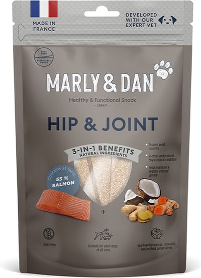 MARLY & DAN hondensnack 80 gr - 55% zalm - geen toegevoegde suikers - granenvrij - vrij van smaak, kleur en kunstmatige bewaarmiddelen - HIP & JOINT 3-in-1 benfits - verzekerd goede mobiliteit -