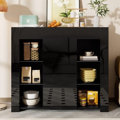 REDOM - Buffetkast - Hoogglans Front En Glazen Planken - Modern - Voor Woonkamer Of Keuken - Spaanplaat - Zwart - 95 X 35 X 83 Cm