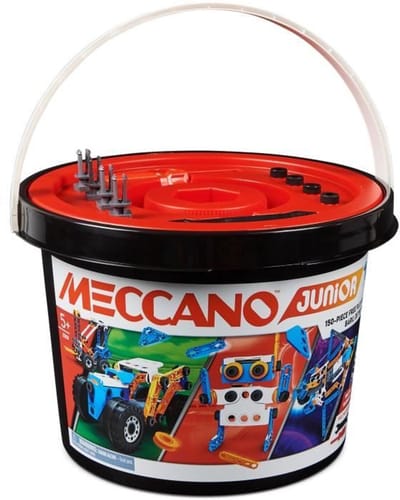 Bandai - Meccano Junior Barrel 150 stuks - Bouwset 5 modellen, 2 gereedschappen, instructies, opbergemmer - Activiteitenkit Montage speelgoed en voertuigen - Kinderspeelgoed 8 jaar en + - APM19103