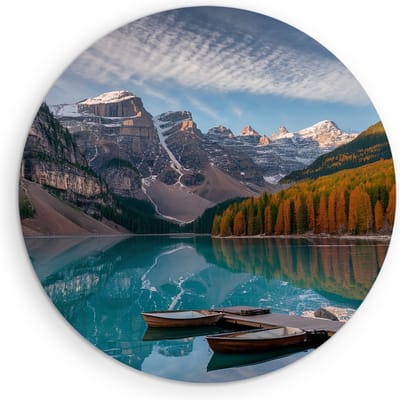 Saammp Muurcirkel Hout - Boten tussen de bergen - Landschap - Natuur - Ø 90 - Wandcirkel - Wanddecoratie Cirkel - Muurdecoratie Woonkamer - Slaapkamer decoratie - Rond Schilderij