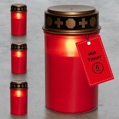 Novaliv LED graflamp zonder batterij en timer 6/18 rood 4x permanente brander LED flikkereffect incl. batterijen grafkaarsen begraafplaatskaars gedenkkaars graflantaarn eeuwig licht rouwkaars LED-kaarsen
