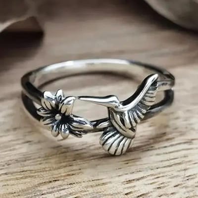 Huitan Creatieve Vogel en Bloemen Ring voor Vrouwen Antieke Kleur Grappige Vinger Accessoires Dagelijkse Slijtage Feest Statement Sieraden 7 gray