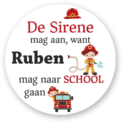 Traktatie stickers Peuterschool Kleuterschool - “De sirene mag aan” – Brandweer Thema - Sluitsticker | Kinder Traktatie - Traktatiestickers Pimp Studio