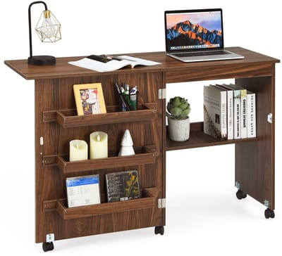 COSTWAY 2-in-1 naaikast en bureau inklapbaar, naaitafel van hout met 3 planken voor spoelen en vergrendelbare wielen, naaimachinekast voor woonkamer, slaapkamer en kantoor