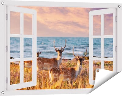 Gards Tuinposter Doorkijk Drie Herten aan de Zee tijdens Zonsondergang - 90x60 cm - Tuindoek - Tuindecoratie - Wanddecoratie buiten - Tuinschilderij