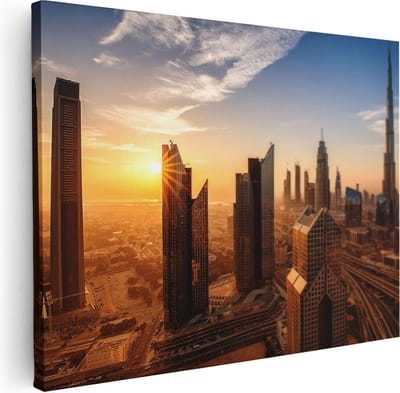 Artaza Canvas Schilderij Zonsondergang Stad - 40x30 cm - Klein - Wanddecoratie Skyline - Muurdecoratie Wolkenkrabbers - Kamer Accessoires