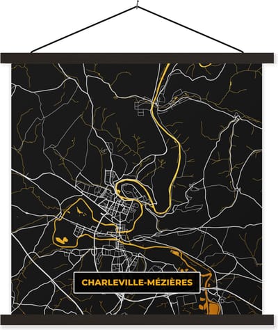 Posterhanger incl. Poster 60x60 cm - Schoolplaat - Frankrijk - Charleville-Mezières- Stadskaart - Kaart - Plattegrond - Textielposter - Zwarte latten - Stadskaart
