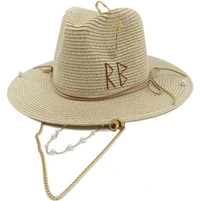Perzik Roze Strooien Hoed Brief Handgemaakt Ontwerp Hoed Parelketting Zomer Zon Hoed Nieuwe Brief Hoed Strand Vrouwen Gorras Para Hombres 56-58cm beige
