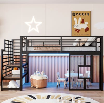 MIVRAY Hoogslaper 90x200 cm Zonder Matras - Met Trap, Opbergruimte En Ledverlichting - Met Raamdesign - Metaal En MDF - Zwart