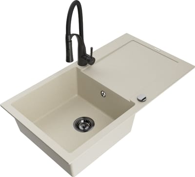 Mexen Leo granieten gootsteen 1-komerig met afdruiprek en Aster keukenkraan, beige - 6501-69-73450-70-B