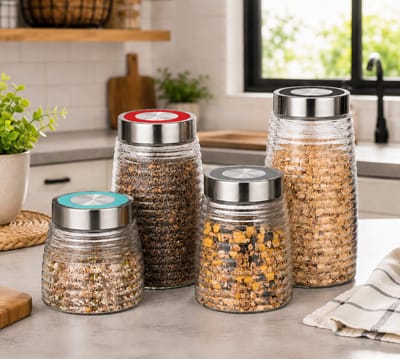 Voorraadpotten Set 4-delig met gekleurde deksel – Glazen Bewaarpotten met Metalen Deksel – 0,9L t/m 2,0L – Multicolor