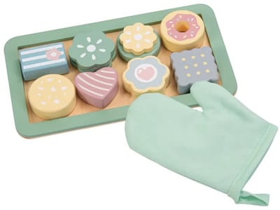 LiasToys - Houten Speelgoed Koekjes Set met Ovenwant - 'Koekjes Bakken' Speelset - 8 Koekjes op Bakplaat - Speelgoed eetset – Montessori Educatief Speelgoed – Sensorisch Open-Ended Speelgoed – vanaf 3 jaar