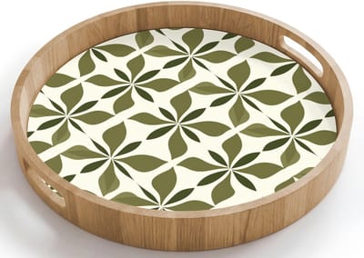 Dienblad rond 40x40 cm - Schootdienblad hout - Botanisch - Retro - Groen - Borrelplank rechthoek - Plateau houten dienbladen