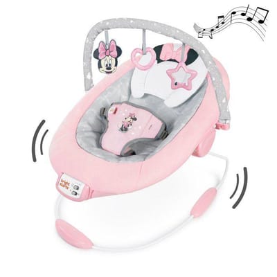 DISNEY BABY -MINNIE-Babywipper boog met afneembaar Disney activiteitenspeelgoed, 8 Melodieën, Kalmerende Vibraties, Verstelbare Hoofdsteun