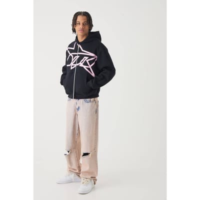 Oversized Boxy Star Printed Zip Through Hoodie | Black | Size XS