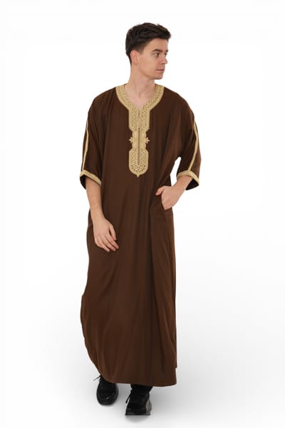 Heren Ramadan Bruin Marokkaanse Thobe Robe Djellaba Gandoura Eid Jubba- HM67